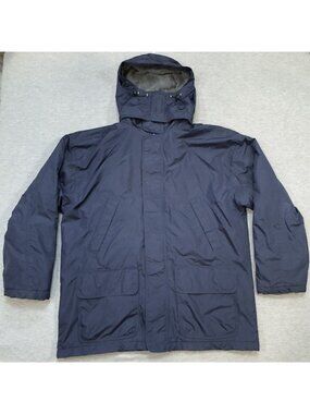 Three Season Fleece Lined Jacket Mens Large Dark Blue Removable Hood Two-Way Zip